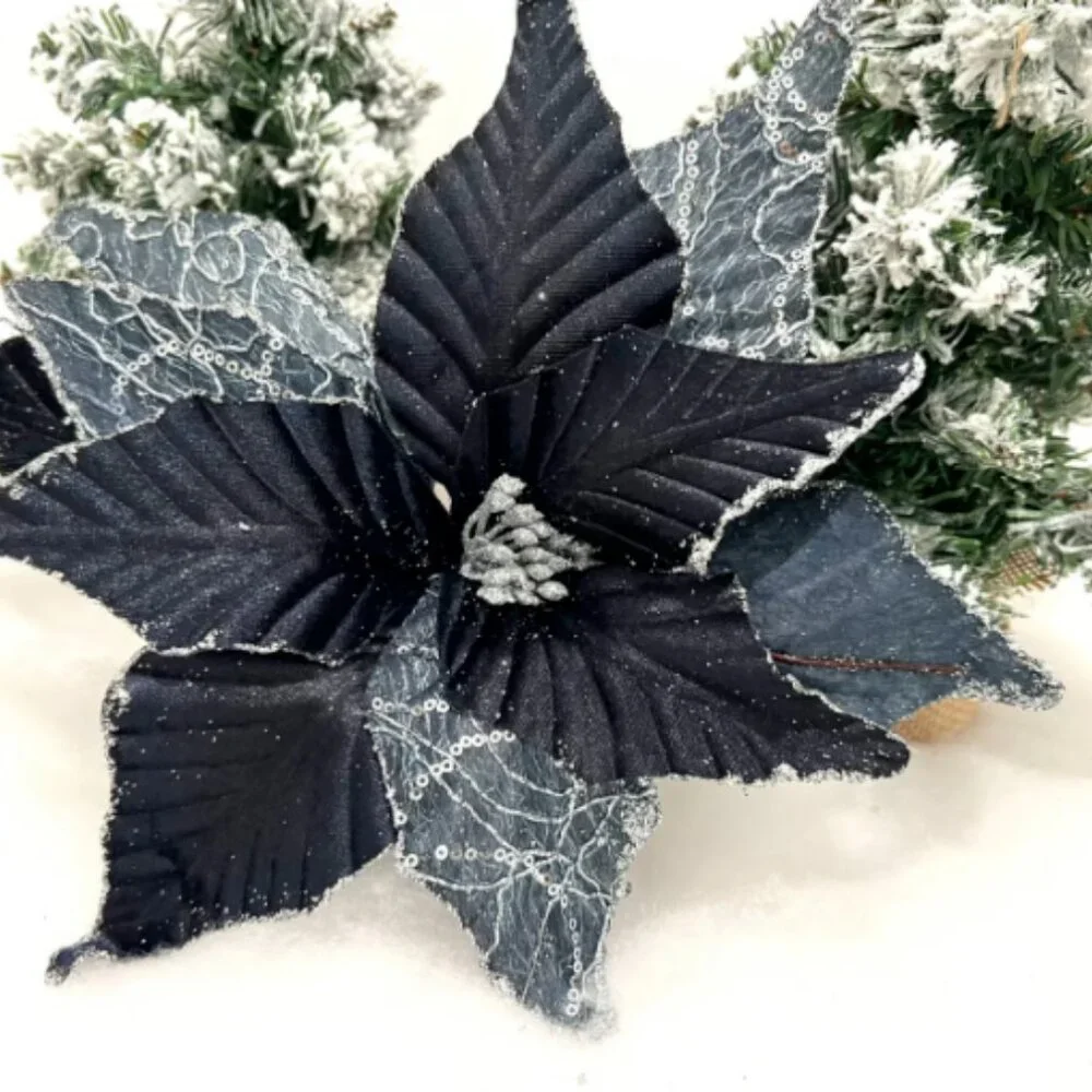 Winters Night Navy Blue and Silver Poinsettia Stem Christmas Accent Decor